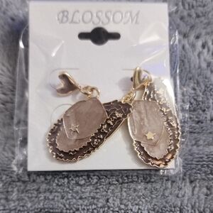 Blossom Gold-Tone Beige Cowboy Hat Drop Earrings